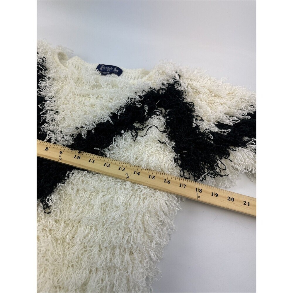 Le Chois Fringe Knit Sweater 3/4 Sleeves White Black Vintage Pullover Womens Med - Picture 9 of 11